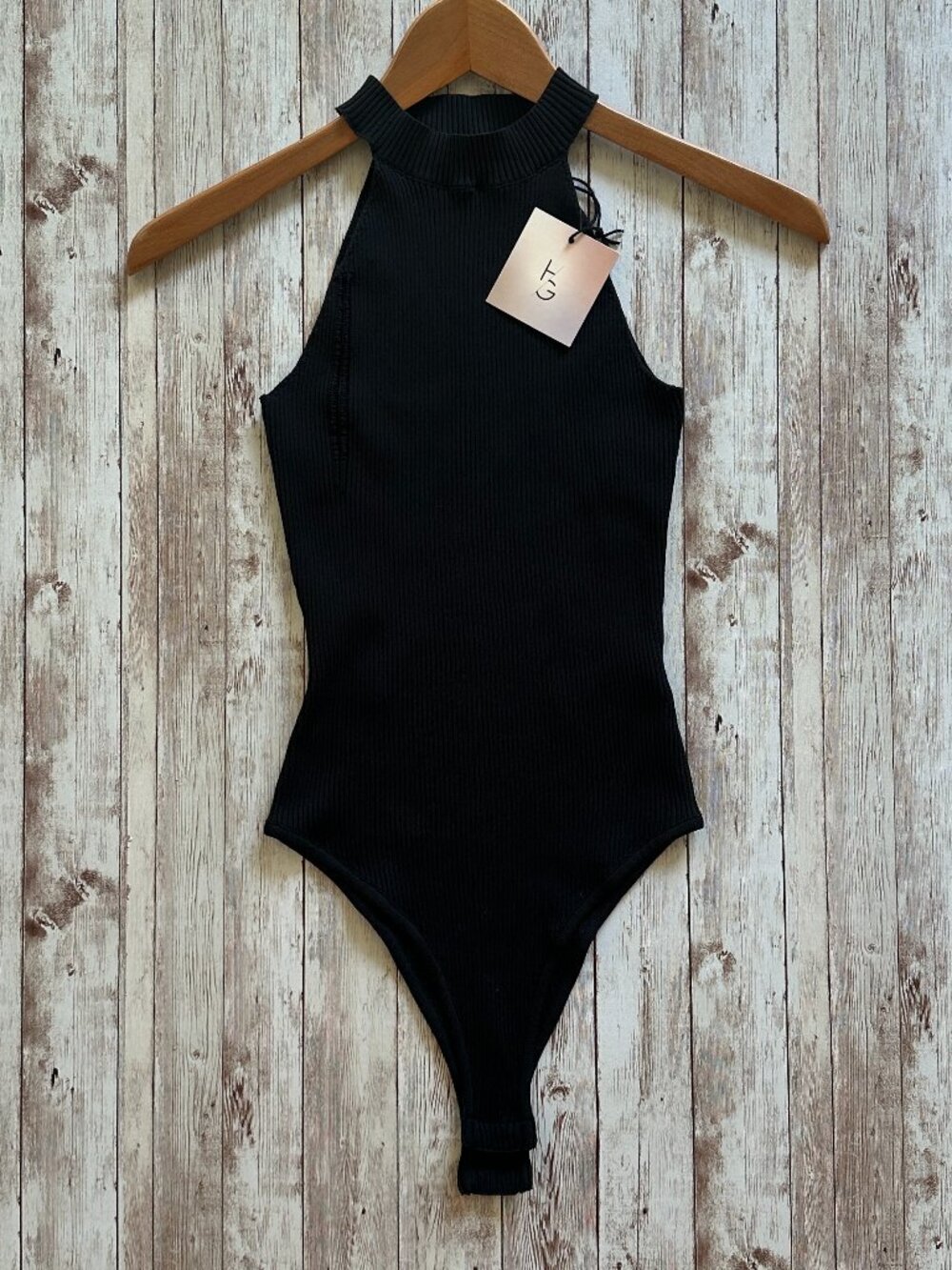 Happily Grey Black High Halter Neck Ribbed Bodysuit sz Small Sleeveless Ribbed